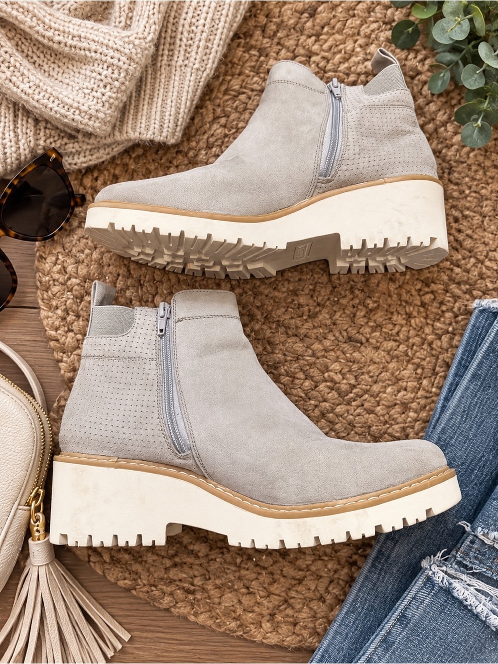 Sonoma Light Gray Suede Platform Ankle Boots Chunky Lug Sole